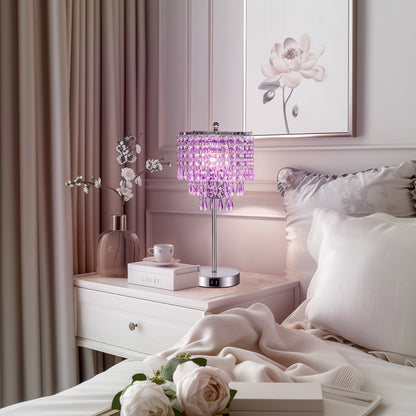 17 in. Chrome LED Integrated Table Lamp with Purple Crystal with 3-Way Dimmer Rotary Switch and Dual USB Charging Ports