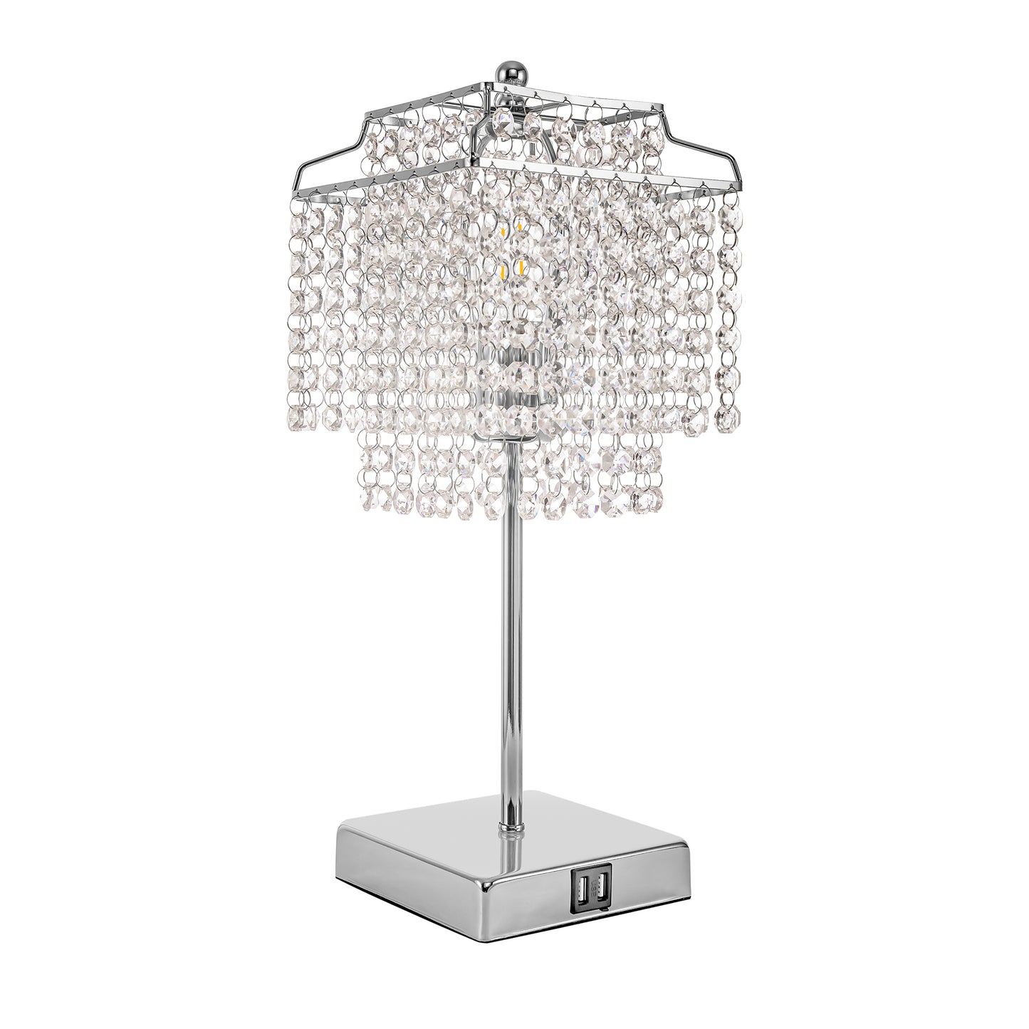 YANSUN 17.32 in. Chrome Dimmable Desk Lamp with Clear Crystal Shade and USB Port E26 for Bedroom, Living Room No Bulb Included