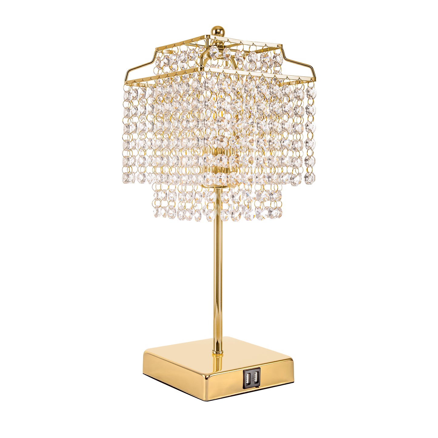 YANSUN 17.32 in. Copper Desk Lamp with Clear Crystal No Bulb Included Dimmable Lamp with Dual USB Port and E26 Socket