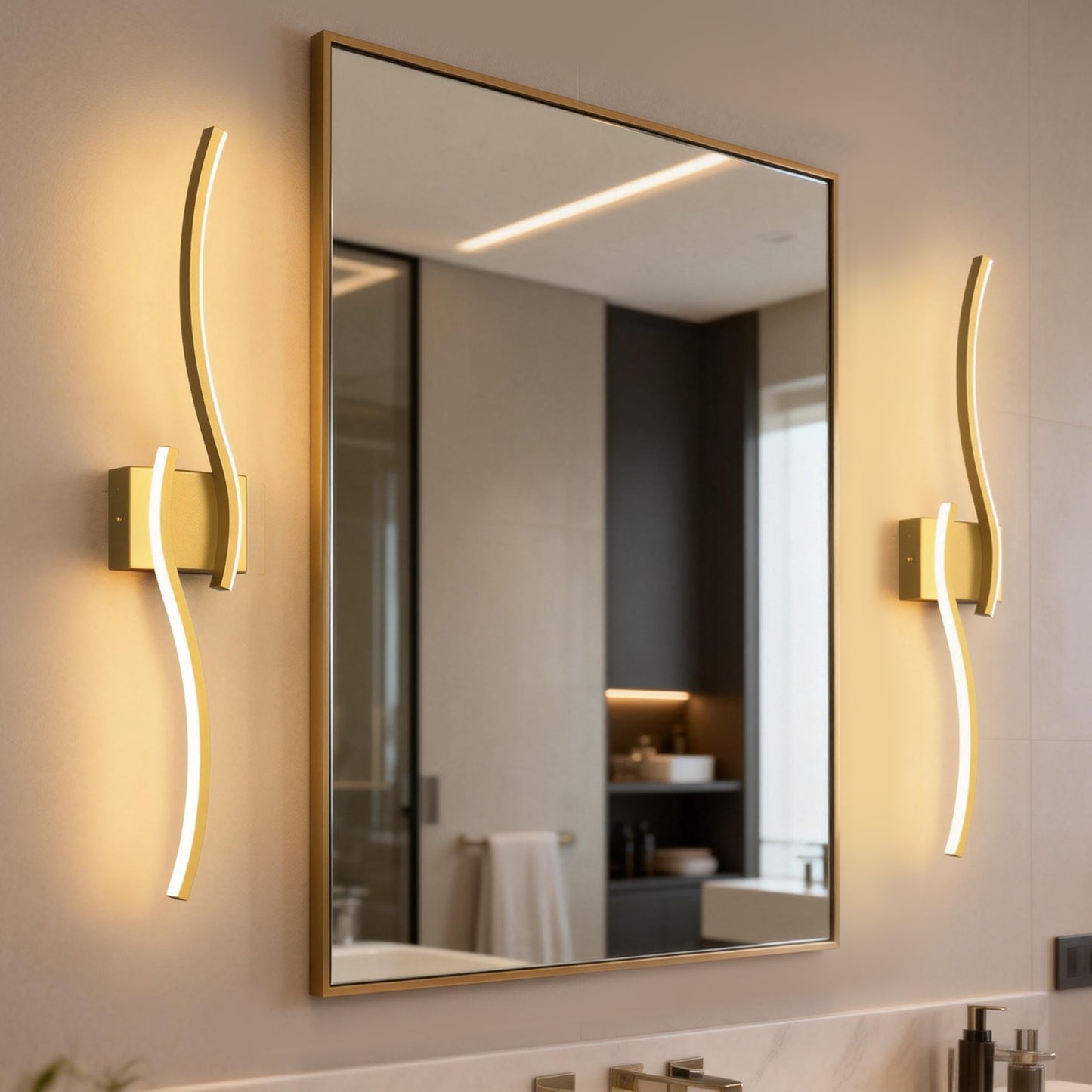 YANSUN 2-Pack 27.6 in. 2-Light Gold LED  Double Wave Design Vanity Light, 5-Watt Integrated LED Indoor Wall Sconce for Bedroom