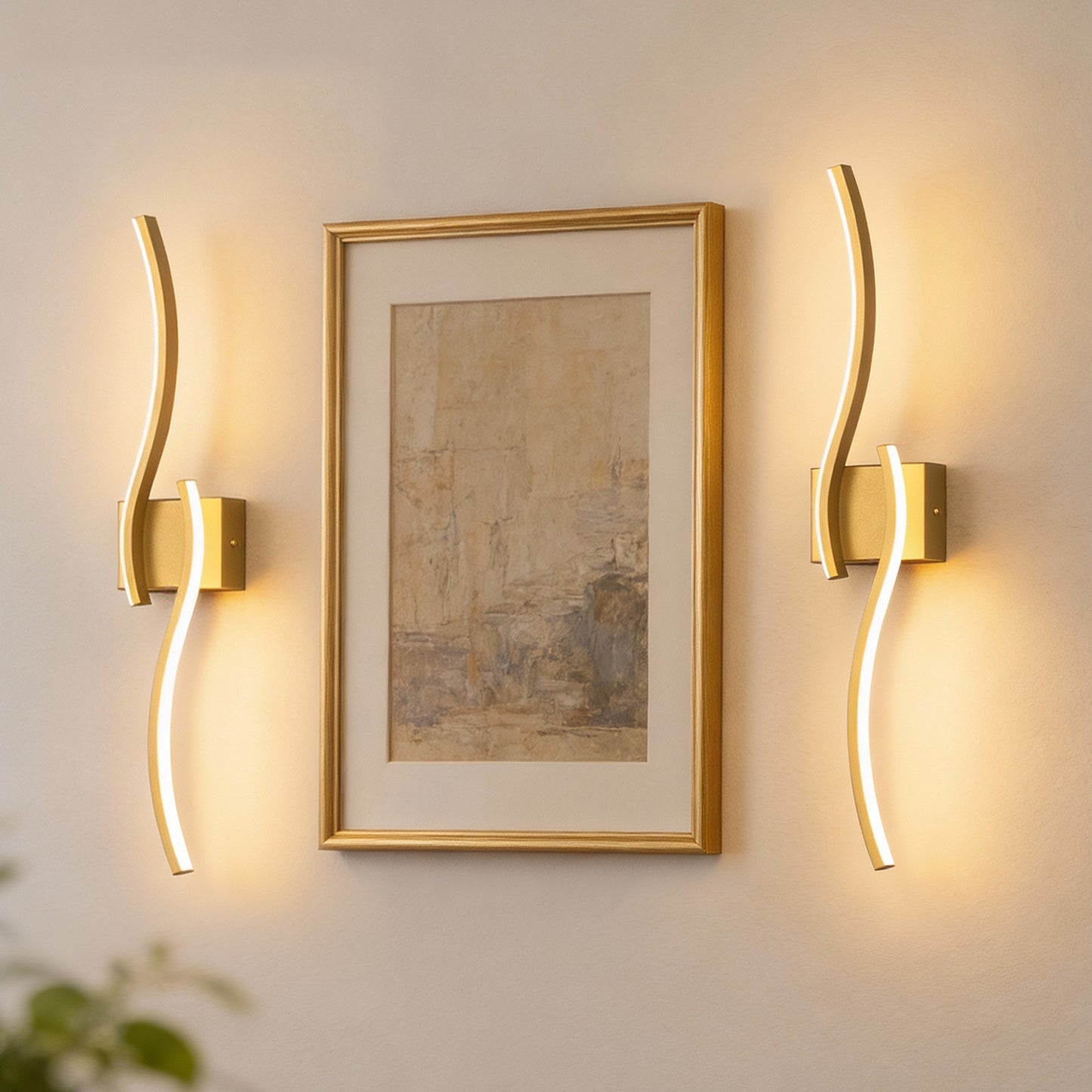 YANSUN 2-Pack 27.6 in. 2-Light Gold LED  Double Wave Design Vanity Light, 5-Watt Integrated LED Indoor Wall Sconce for Bedroom