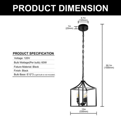 YANSUN 3-Light Matte Black Pendant Light Fixture-Industrial E12 Socket Hanging Chandelier for Dining Room, Kitchen Island