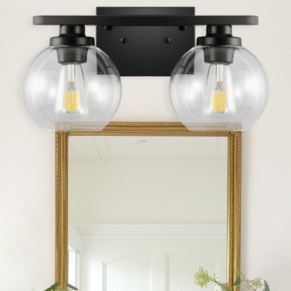 16 in. 2-Light Industrial Matte Black Bathroom Vanity Light, Open Globe Clear Glass Wall Sconce