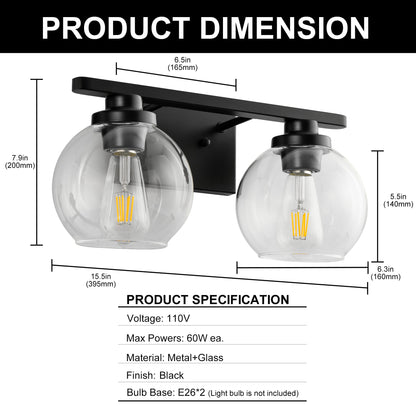 16 in. 2-Light Industrial Matte Black Bathroom Vanity Light, Open Globe Clear Glass Wall Sconce