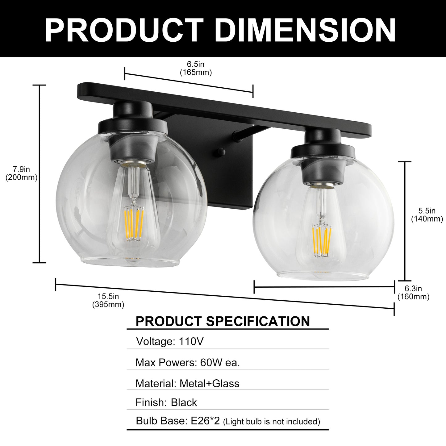 YANSUN 2-Light Bathroom Vanity Light Matte Black Wall Sconce with Open Globe Glass Shades E26 Modern Mirror Light Fixture