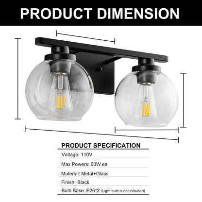16 in. 2-Light Industrial Matte Black Bathroom Vanity Light, Open Globe Clear Glass Wall Sconce