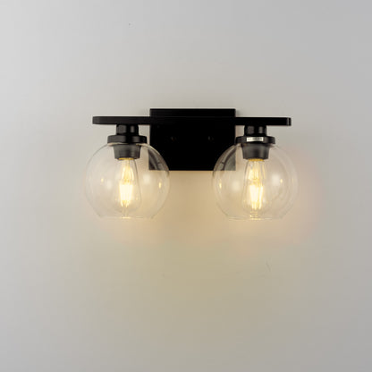 16 in. 2-Light Industrial Matte Black Bathroom Vanity Light, Open Globe Clear Glass Wall Sconce