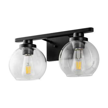 16 in. 2-Light Industrial Matte Black Bathroom Vanity Light, Open Globe Clear Glass Wall Sconce