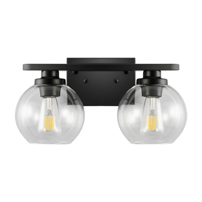 16 in. 2-Light Industrial Matte Black Bathroom Vanity Light, Open Globe Clear Glass Wall Sconce