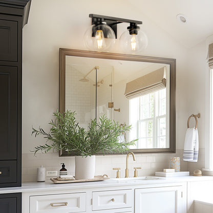 16 in. 2-Light Industrial Matte Black Bathroom Vanity Light, Open Globe Clear Glass Wall Sconce