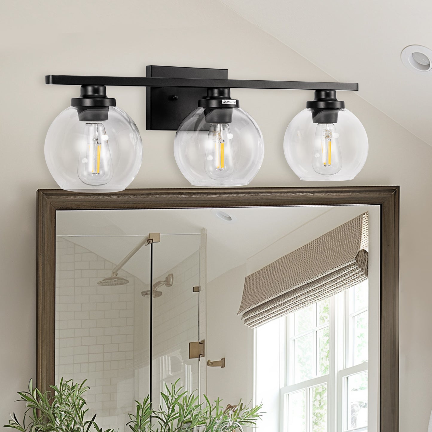 Elegant 25 in. 3-Light Matte Black Bathroom Vanity Light, Modern Farmhouse Wall Sconce with Open Globe Glass Shades