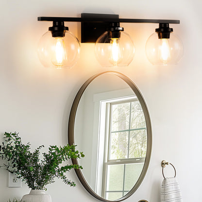 Elegant 25 in. 3-Light Matte Black Bathroom Vanity Light, Modern Farmhouse Wall Sconce with Open Globe Glass Shades