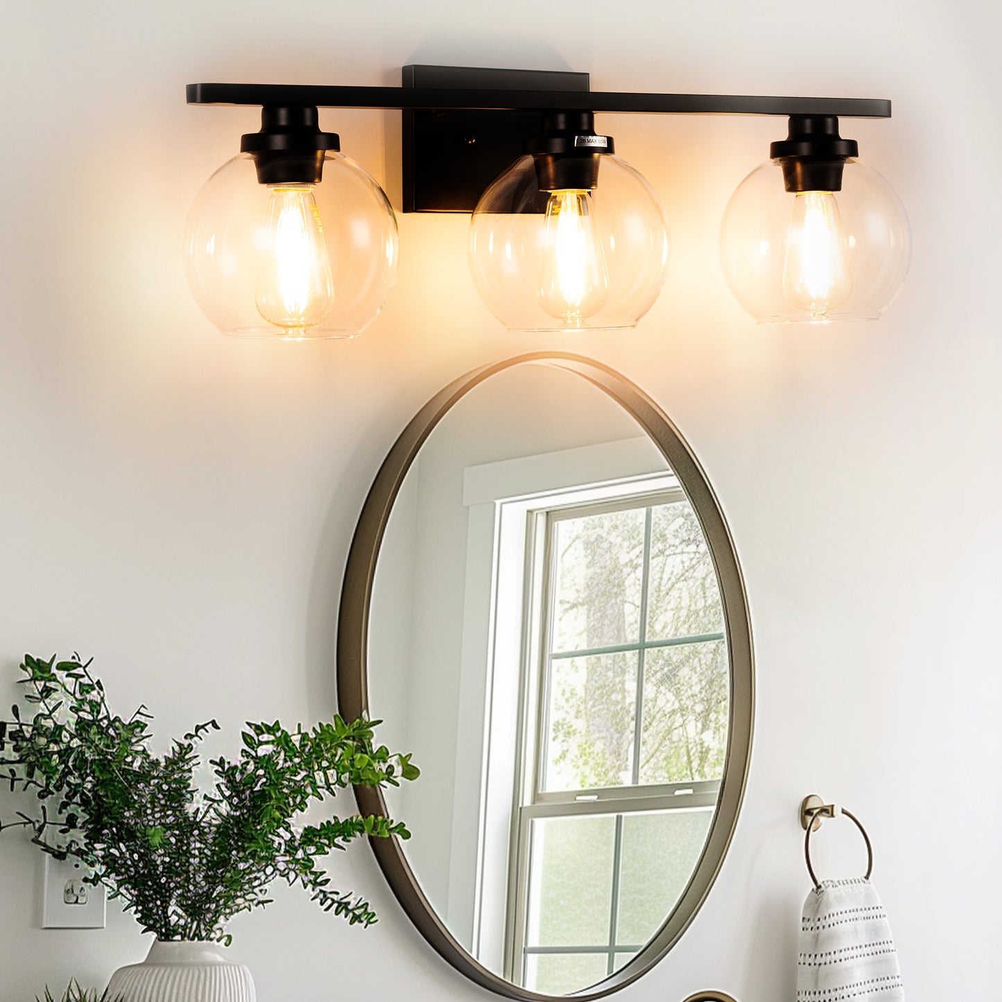 YANSUN 25 in. 3-Light Matte Black Vanity Light, Modern Farmhouse Wall Sconce with Open Globe Glass Shades for Bathroom