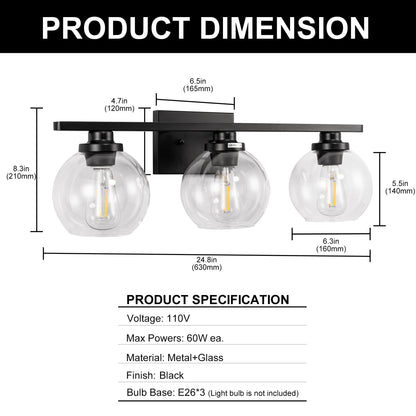 YANSUN 25 in. 3-Light Matte Black Vanity Light, Modern Farmhouse Wall Sconce with Open Globe Glass Shades for Bathroom
