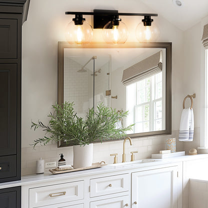 YANSUN 25 in. 3-Light Matte Black Vanity Light, Modern Farmhouse Wall Sconce with Open Globe Glass Shades for Bathroom