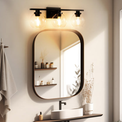 YANSUN 25 in. 3-Light Matte Black Vanity Light, Modern Farmhouse Wall Sconce with Open Globe Glass Shades for Bathroom