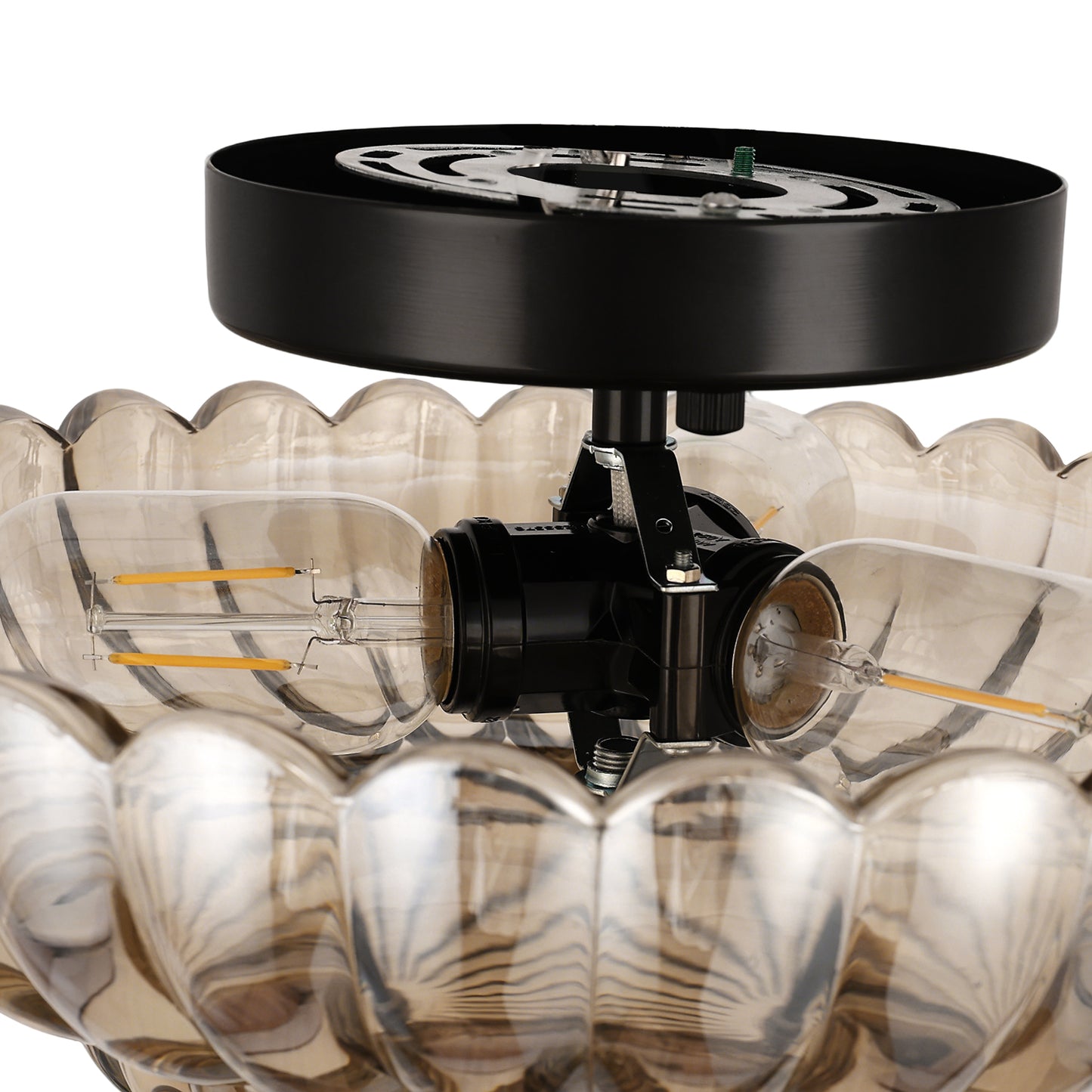 YANSUN 11.6 in. 3-Light Modern Black Semi Flush Mount Ceiling Light with Clear Glass Fan-Shaped Glass Shade No Bulbs Included