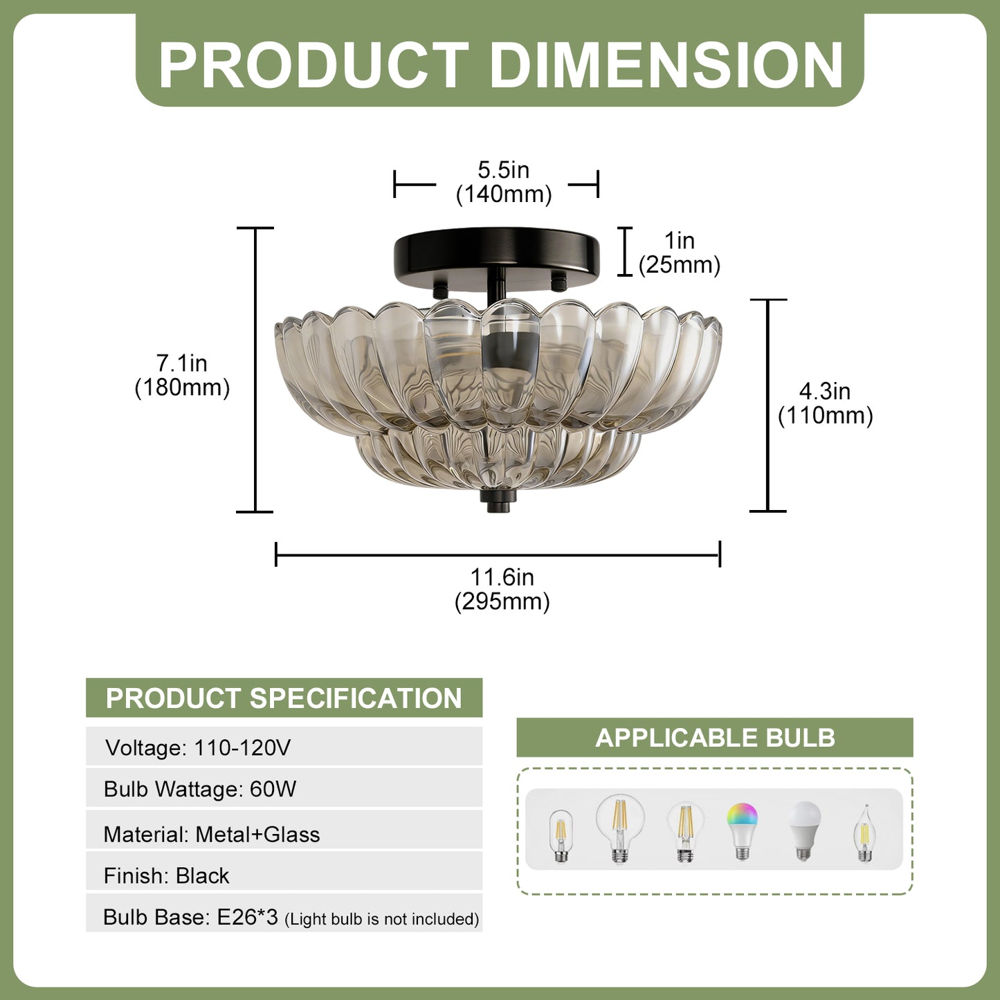 YANSUN 11.6 in. 3-Light Modern Black Semi Flush Mount Ceiling Light with Clear Glass Fan-Shaped Glass Shade No Bulbs Included