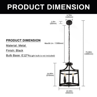 4-Light Black Drum Pendant Light, Convertible Semi Flush Mount Ceilingfor Dining Room,Bedroom, Foyer, Entryway
