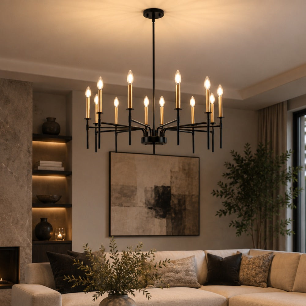 YANSUN 12-Light Black Gold Pendant Chandelier Modern Ceiling Hanging Light Fixture E12