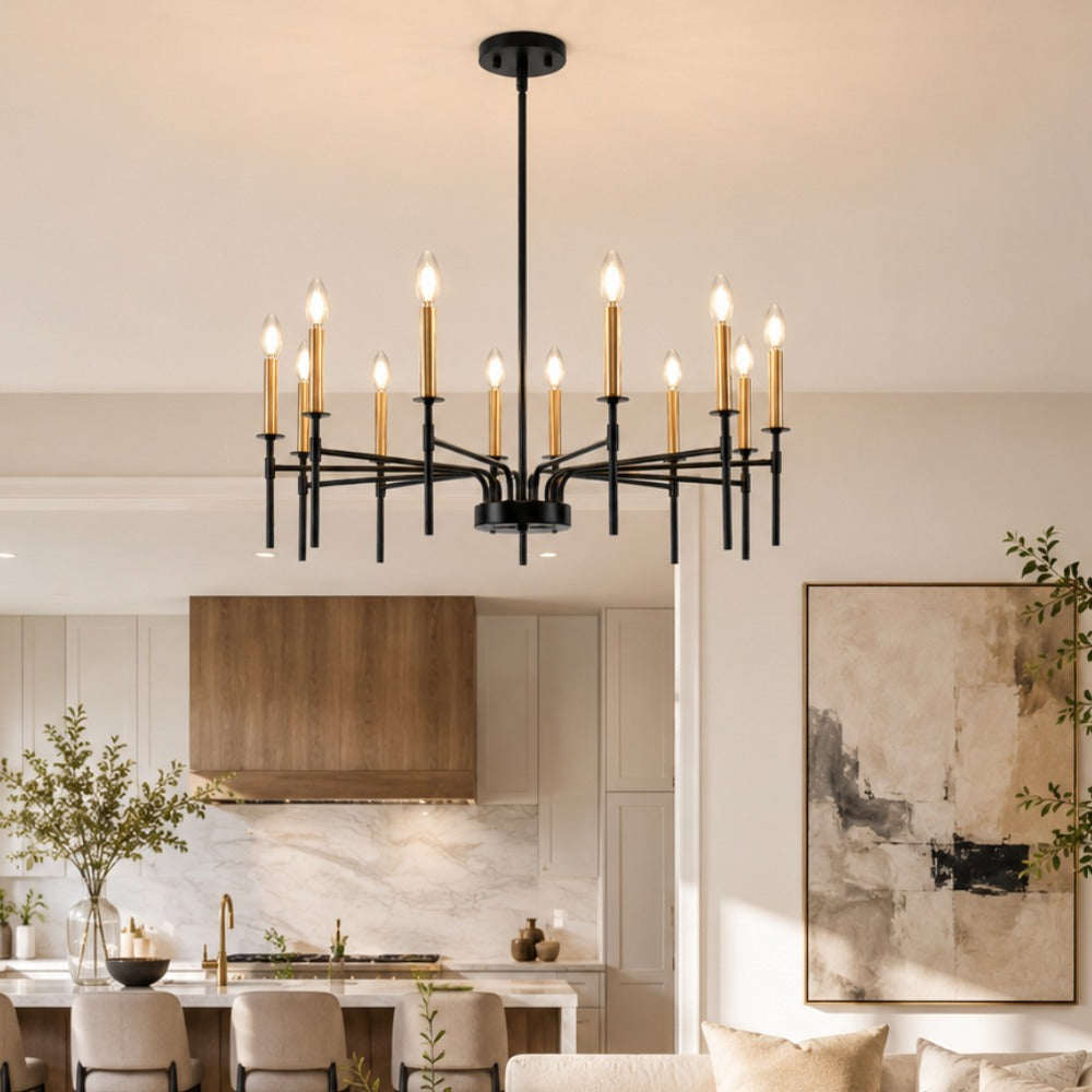 YANSUN 12-Light Black Gold Pendant Chandelier Modern Ceiling Hanging Light Fixture E12