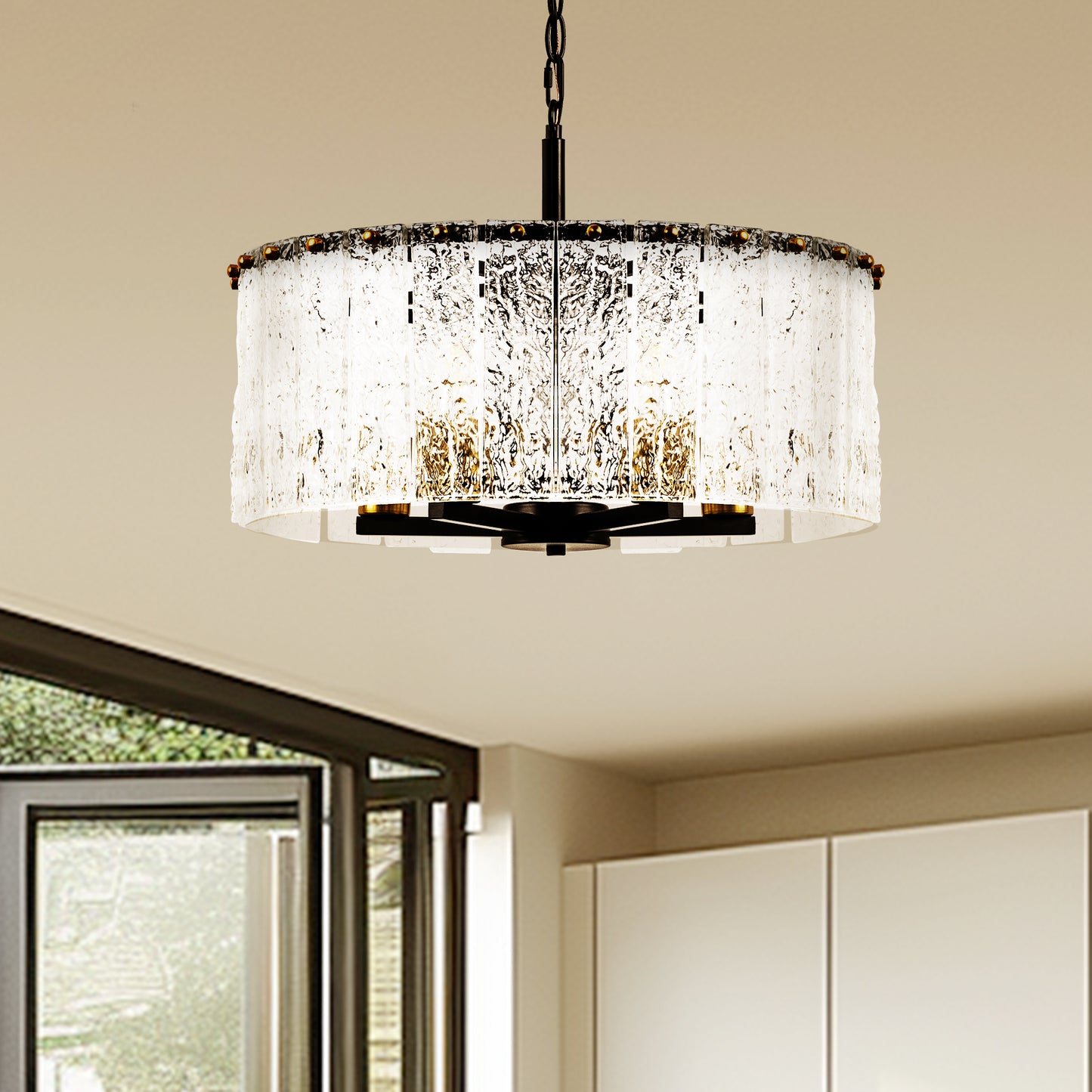 YANSUN 5-Light Black Gold Pendant Light with Cylindrical Seeded Glass Shade, E26 Base, Adjustable Hanging Light for Kitchen