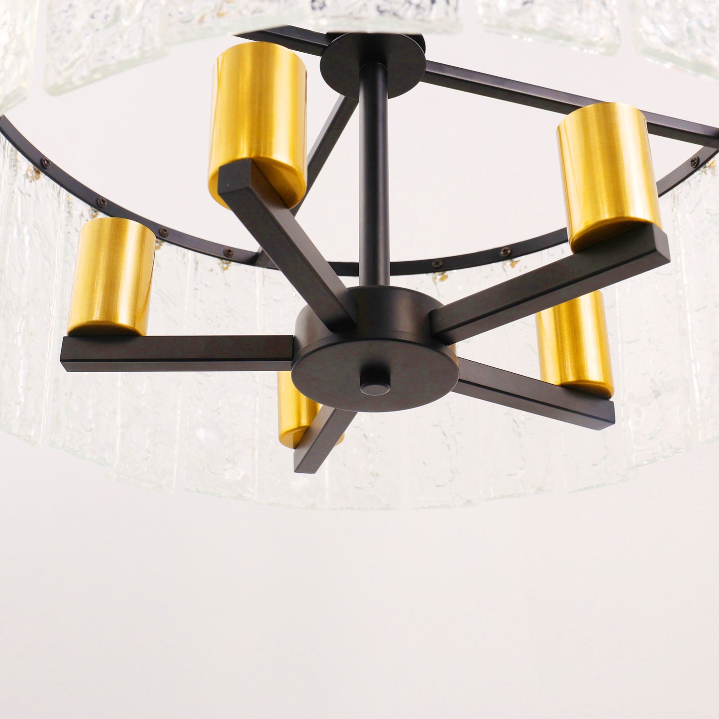 YANSUN 5-Light Black Gold Pendant Light with Cylindrical Seeded Glass Shade, E26 Base, Adjustable Hanging Light for Kitchen