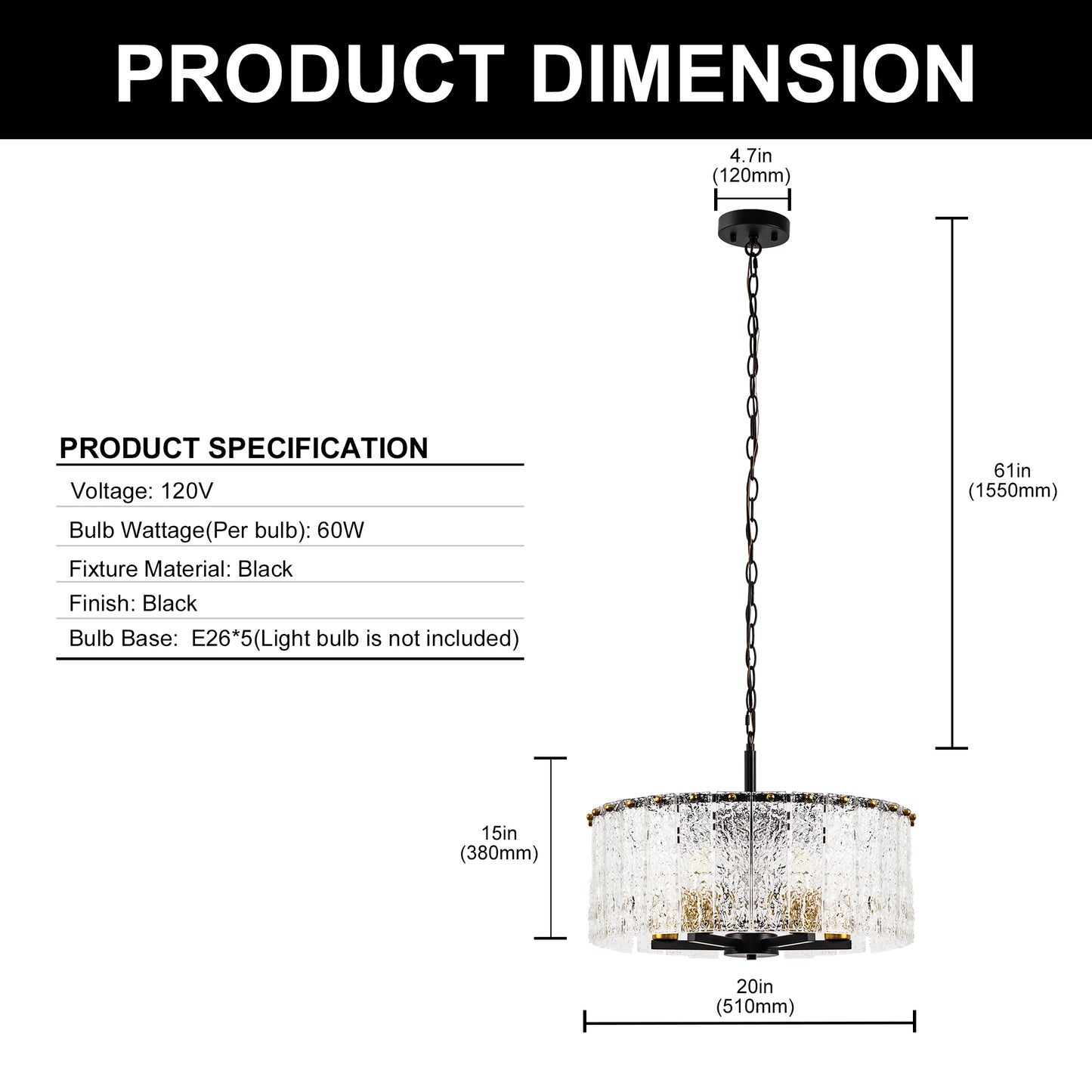 YANSUN 5-Light Black Gold Pendant Light with Cylindrical Seeded Glass Shade, E26 Base, Adjustable Hanging Light for Kitchen