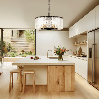 YANSUN 5-Light Black Gold Pendant Light with Cylindrical Seeded Glass Shade, E26 Base, Adjustable Hanging Light for Kitchen