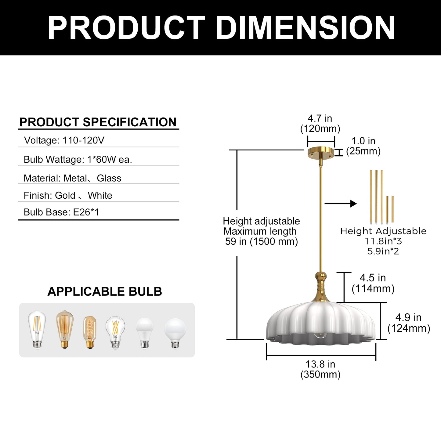 YANSUN 1 Light Modern Pendant Light in Copper Finish with White Glass Shade, Non-Integrated Fixture, E26 Socket