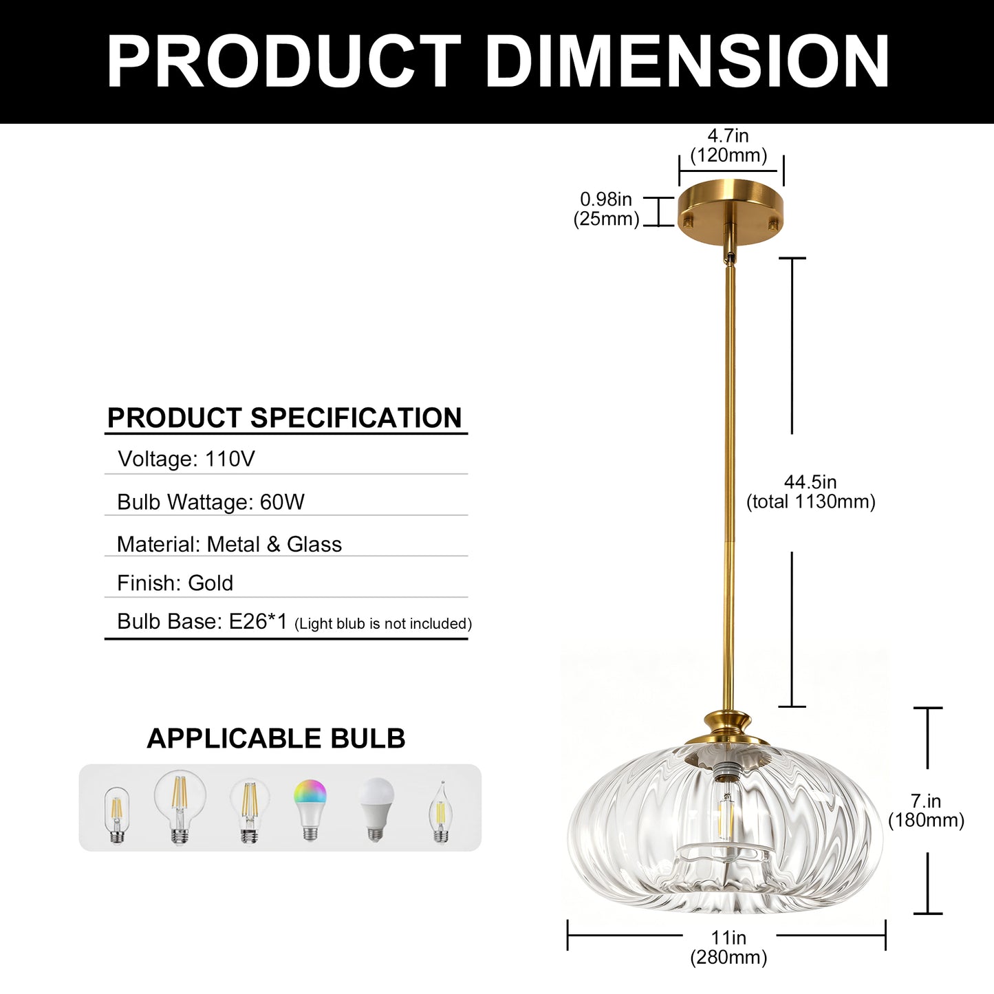 YANSUN 1-Light Copper Pendant Light Ceiling Light, with Clear Glass Shade, Adjustable Rods and E26 Base for Kitchen, Diningroom