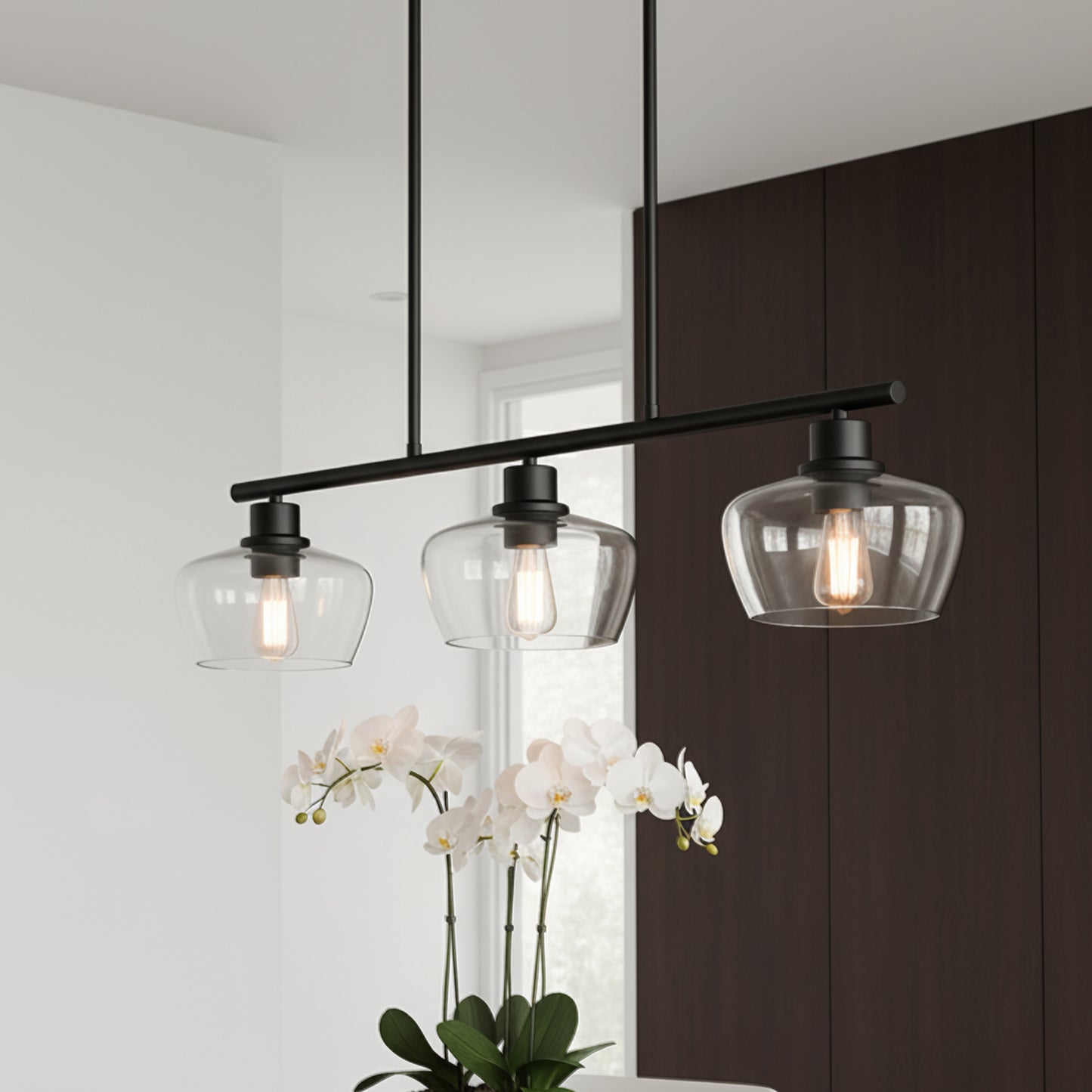 YANSUN 31.5 in. 3-Light Black Kitchen Island Pendant Light with Glass Shades Modern Hanging Light Fixture E26 Sockets