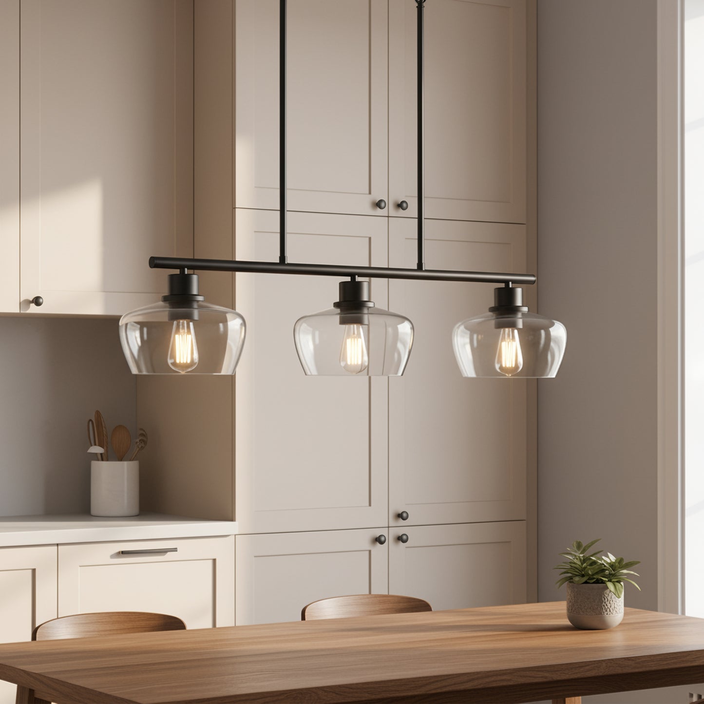 YANSUN 31.5 in. 3-Light Black Kitchen Island Pendant Light with Glass Shades Modern Hanging Light Fixture E26 Sockets