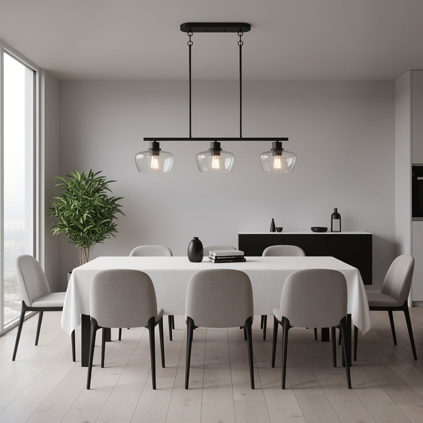YANSUN 31.5 in. 3-Light Black Kitchen Island Pendant Light with Glass Shades Modern Hanging Light Fixture E26 Sockets