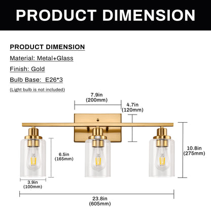 24 in. 3-Light Industrial Gold Vanity Light Fixtures for Bathroom with Clear Glass Shades