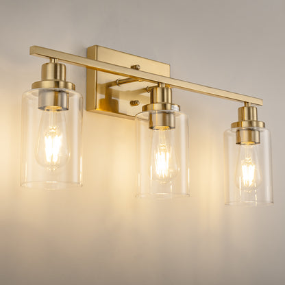 24 in. 3-Light Industrial Gold Vanity Light Fixtures for Bathroom with Clear Glass Shades