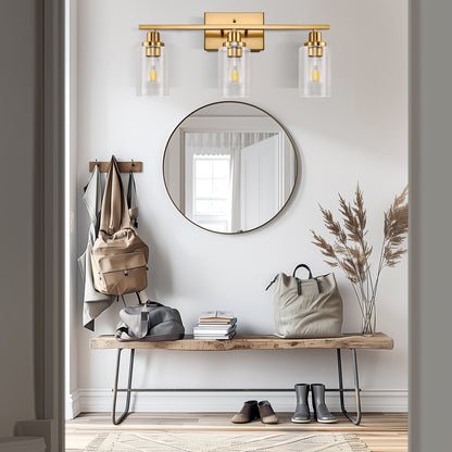 24 in. 3-Light Industrial Gold Vanity Light Fixtures for Bathroom with Clear Glass Shades