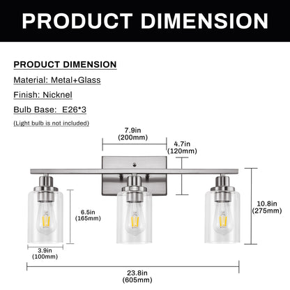 24 in. 3-Light Industrial Brushed Nickel Vanity Light Fixtures for Bathroom with Clear Glass Shades