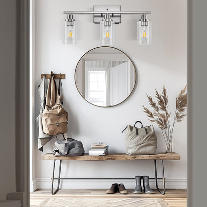 24 in. 3-Light Industrial Brushed Nickel Vanity Light Fixtures for Bathroom with Clear Glass Shades