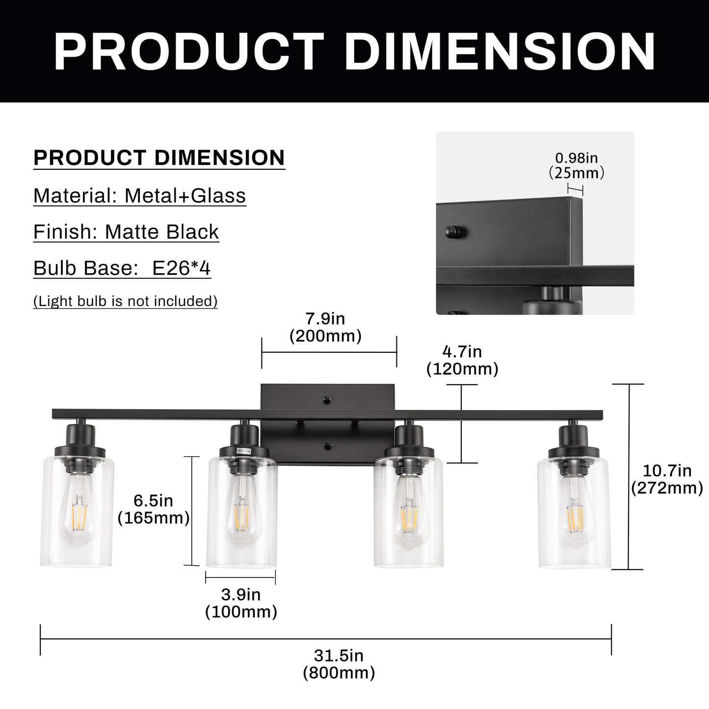 YANSUN 32 in. 4-Light Industrial Matte Black Vanity Light Fixture for Indoor Bathroom Powder Room with Clear Glass Shade
