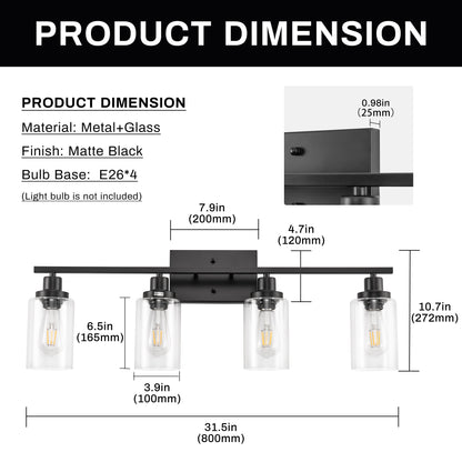 YANSUN 32 in. 4-Light Industrial Matte Black Vanity Light Fixture for Indoor Bathroom Powder Room with Clear Glass Shade