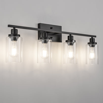 YANSUN 32 in. 4-Light Industrial Matte Black Vanity Light Fixture for Indoor Bathroom Powder Room with Clear Glass Shade