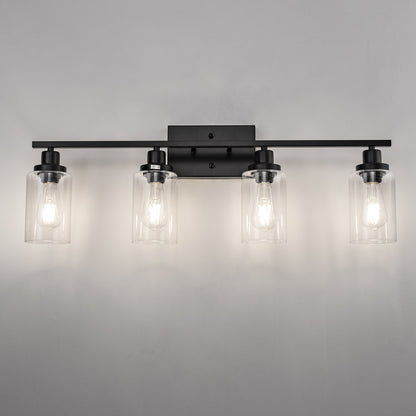 32 in. 4-Light Industrial Matte Black Vanity Light Fixtures for Bathroom with Clear Glass Shades