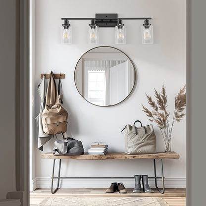 YANSUN 32 in. 4-Light Industrial Matte Black Vanity Light Fixture for Indoor Bathroom Powder Room with Clear Glass Shade