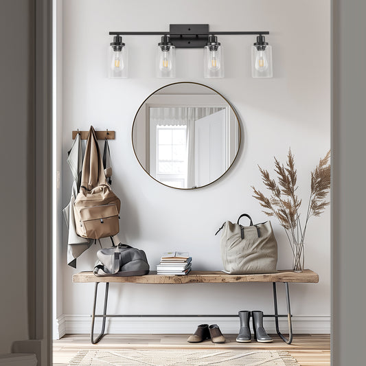 YANSUN 32 in. 4-Light Industrial Matte Black Vanity Light Fixture for Indoor Bathroom Powder Room with Clear Glass Shade