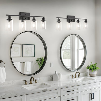 YANSUN 32 in. 4-Light Industrial Matte Black Vanity Light Fixture for Indoor Bathroom Powder Room with Clear Glass Shade