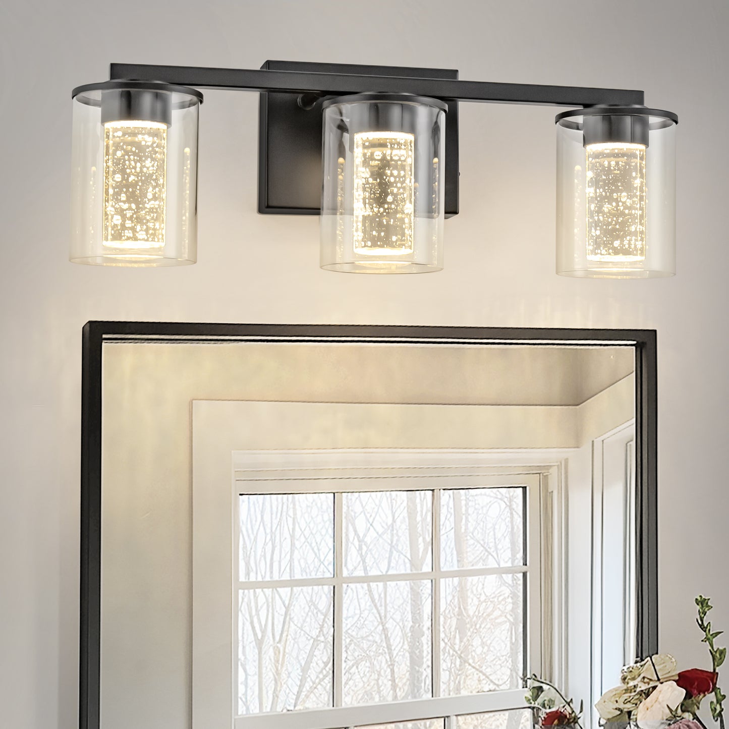 18 in. Modern 3-Light Black Crystal LED Vanity Light with Clear Glass Shades, Dimmable Lighting
