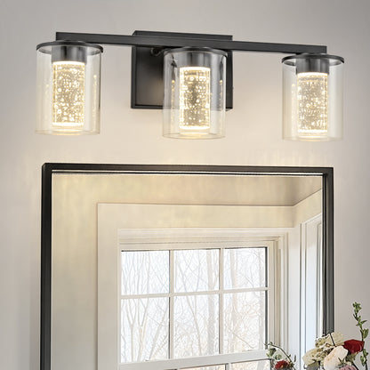 18 in. Modern 3-Light Black Crystal LED Vanity Light with Clear Glass Shades, Dimmable Lighting