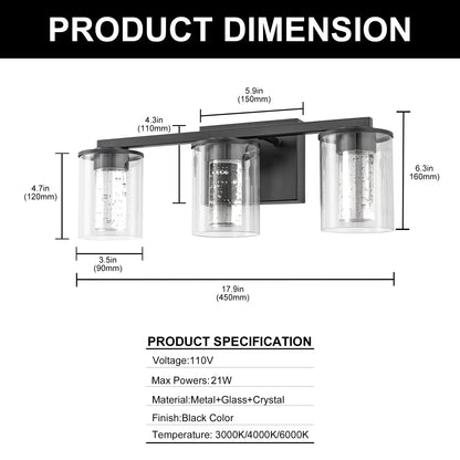 18 in. Modern 3-Light Black Crystal LED Vanity Light with Clear Glass Shades, Dimmable Lighting