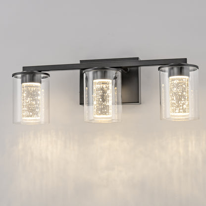18 in. Modern 3-Light Black Crystal LED Vanity Light with Clear Glass Shades, Dimmable Lighting